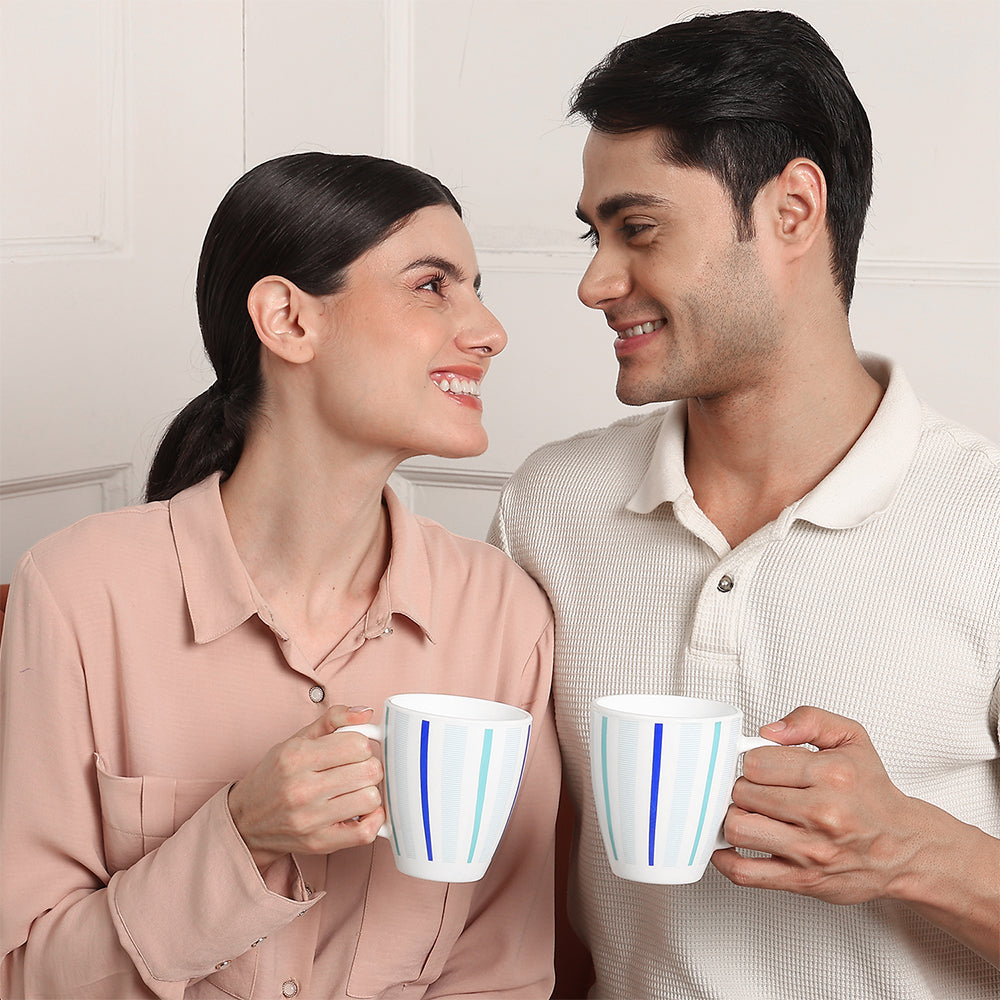Larah Blue Strip Mug Set, 390ml x 2