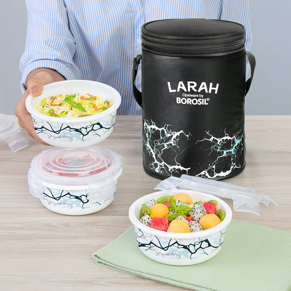 Borosil Larah Round Glass Lunchbox, Set of 3, 400ml