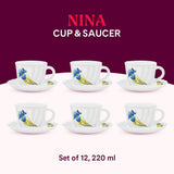 Borosil Larah Nina Cup n Saucer Set of 12, 220ml