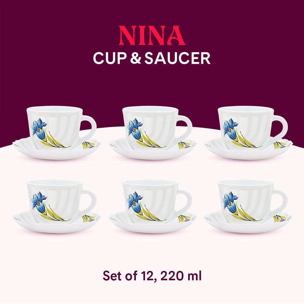 Borosil Larah Nina Cup n Saucer Set of 12, 220ml
