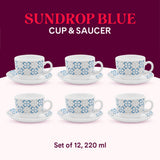 Borosil Larah Sundrop Cup n Saucer Set of 12 220ml, Blue