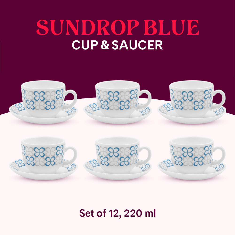 Borosil Larah Sundrop Cup n Saucer Set of 12 220ml, Blue