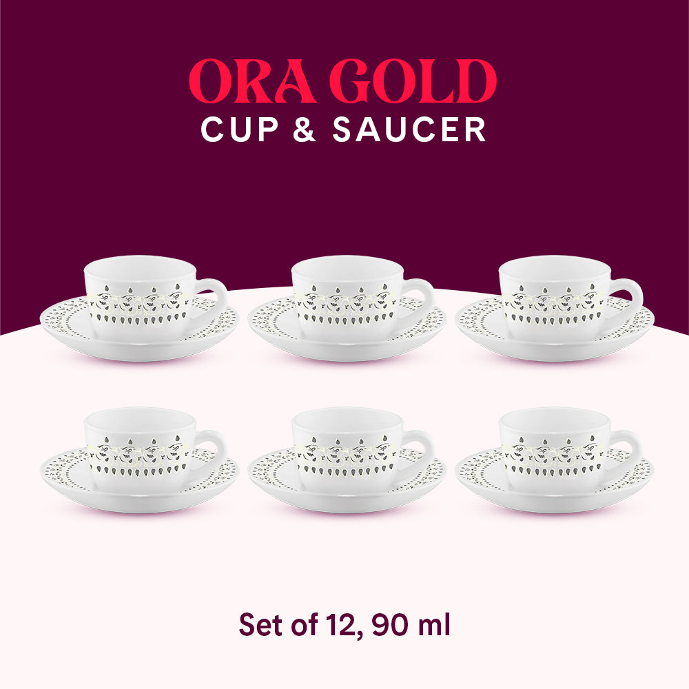 Borosil Larah Ora Gold Cup n Saucer Set of 12, 140ml