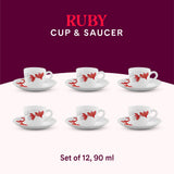 Borosil Larah Ruby Cup n Saucer Set of 12, 90ml