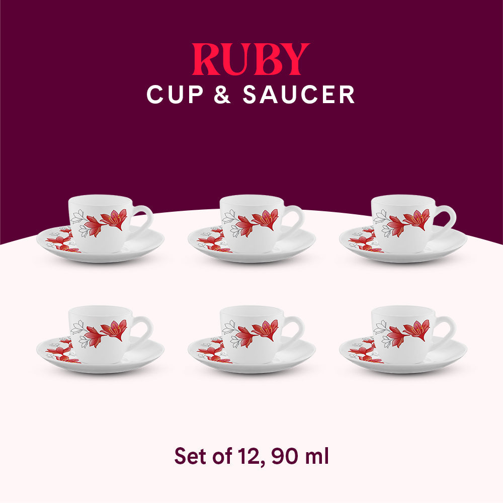 Borosil Larah Ruby Cup n Saucer Set of 12, 90ml