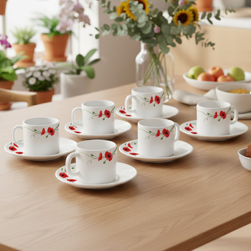 Borosil Larah Red Carnation Mug n Saucer,  Set of 12, 100ml