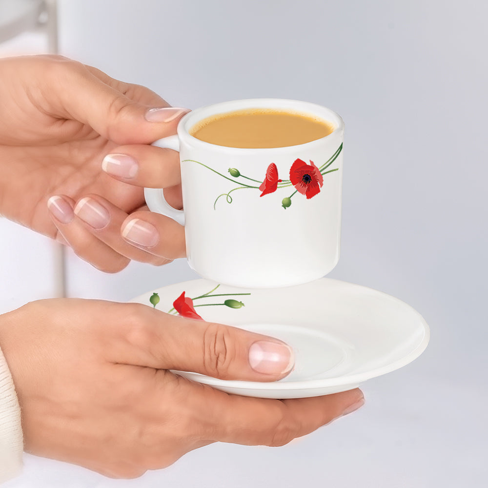 Borosil Larah Red Carnation Mug n Saucer,  Set of 12, 100ml