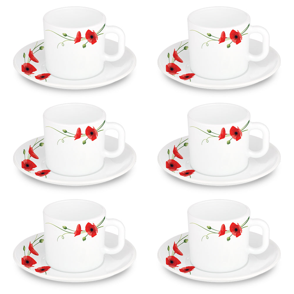 Borosil Larah Red Carnation Mug n Saucer,  Set of 12, 100ml