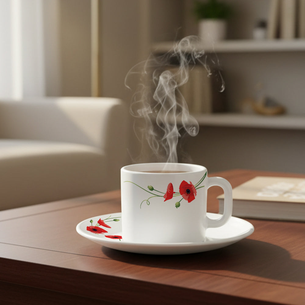 Borosil Larah Red Carnation Mug n Saucer,  Set of 12, 100ml