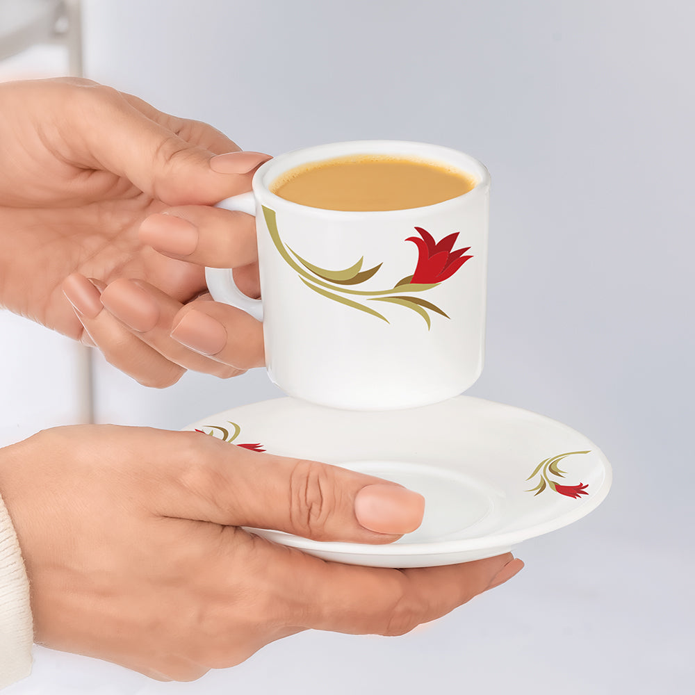 Borosil Larah Red Lily Mug n Saucer, Set of 12, 100ml