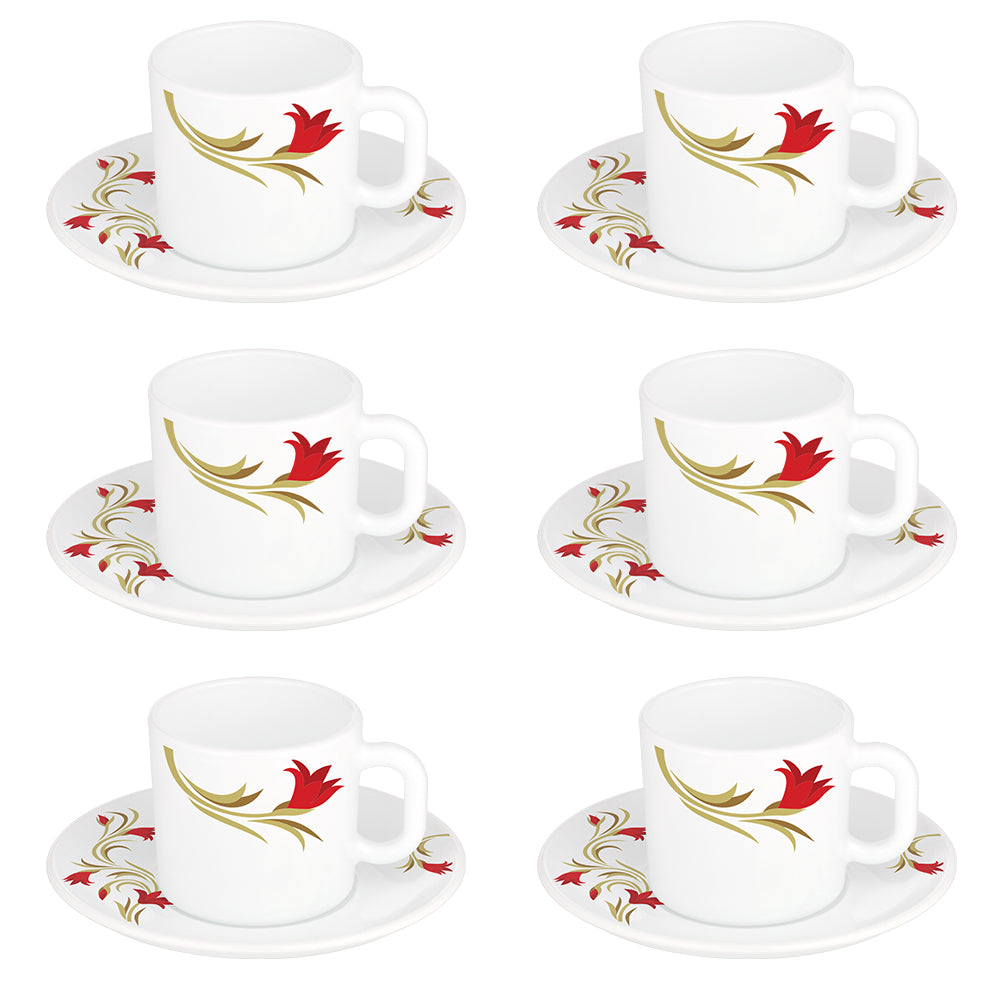 Borosil Larah Red Lily Mug n Saucer, Set of 12, 100ml