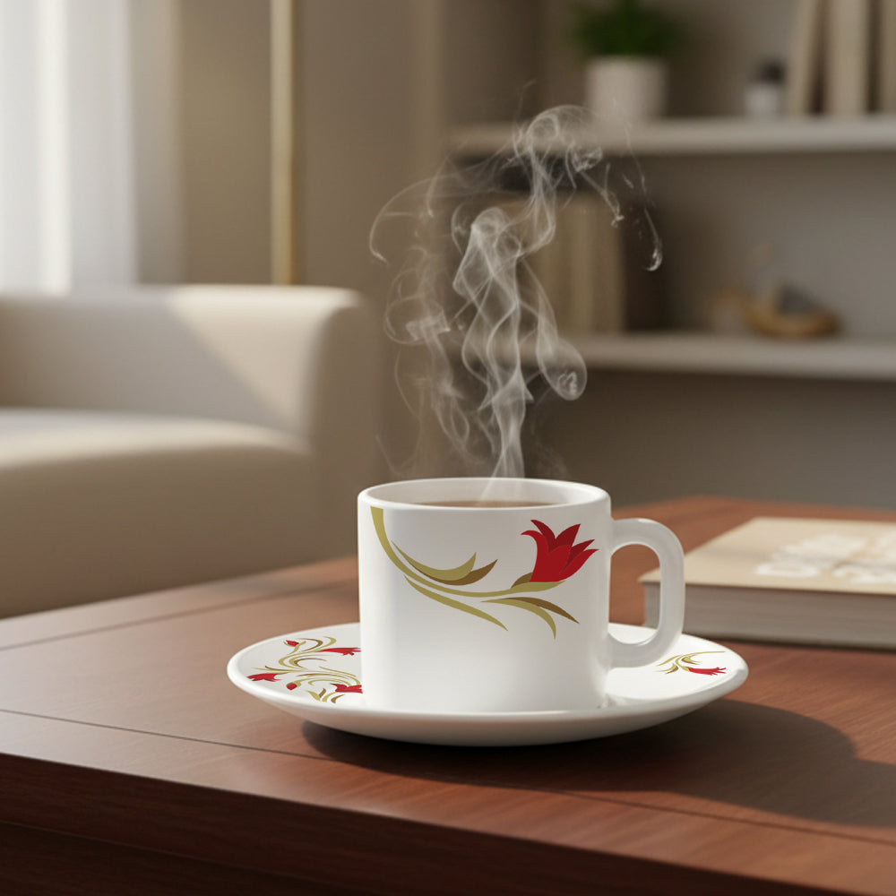 Borosil Larah Red Lily Mug n Saucer, Set of 12, 100ml