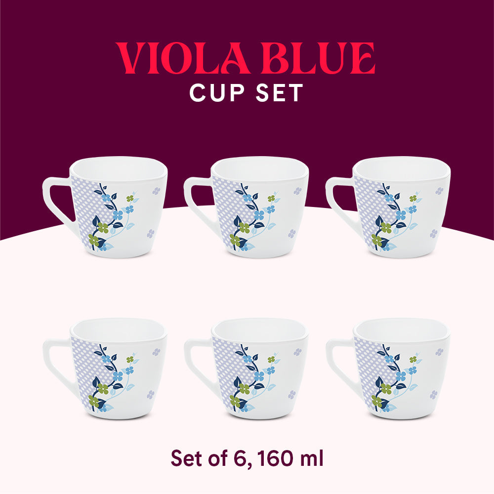 Borosil Larah Viola Blue Cup Set  of 6, 160ml