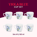 Borosil Larah Viola Blue Cup Set  of 6, 160ml