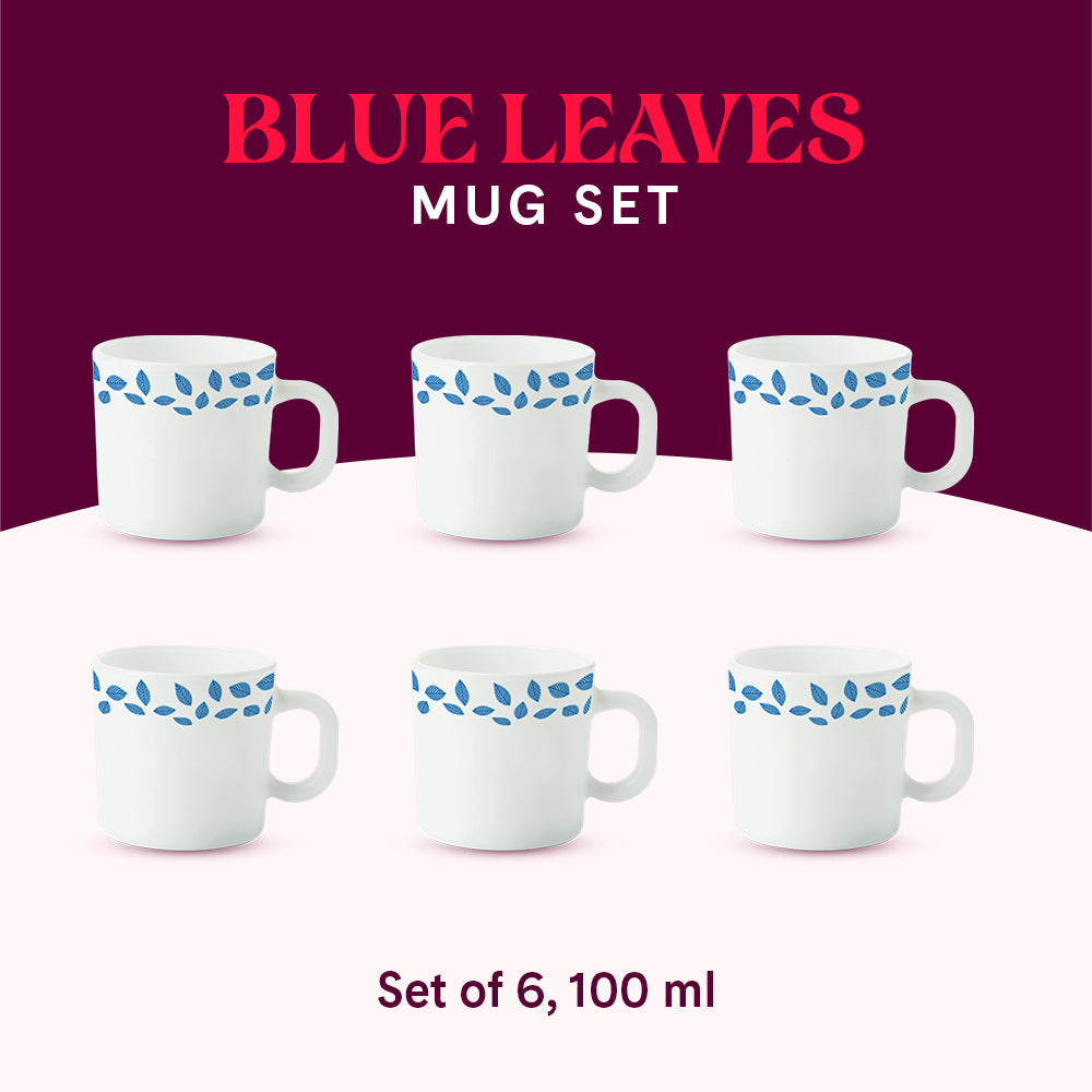 Borosil Larah Blue Leaves Mug, Set of 6, 100ml