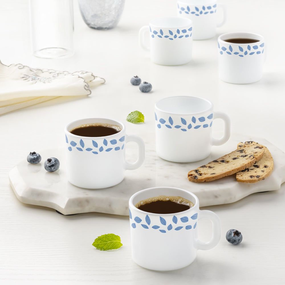 Borosil Larah Blue Leaves Mug, Set of 6, 100ml