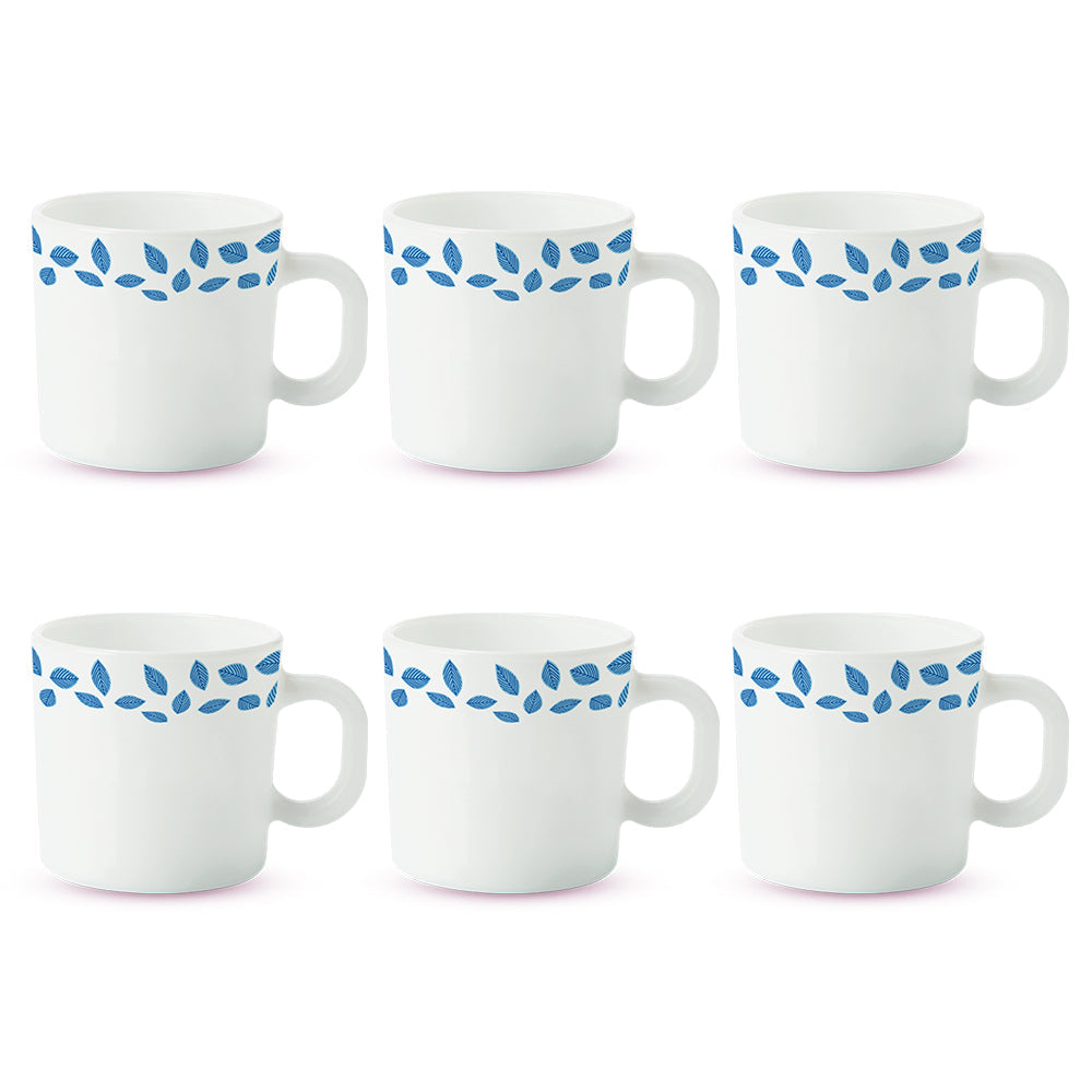 Borosil Larah Blue Leaves Mug, Set of 6, 100ml