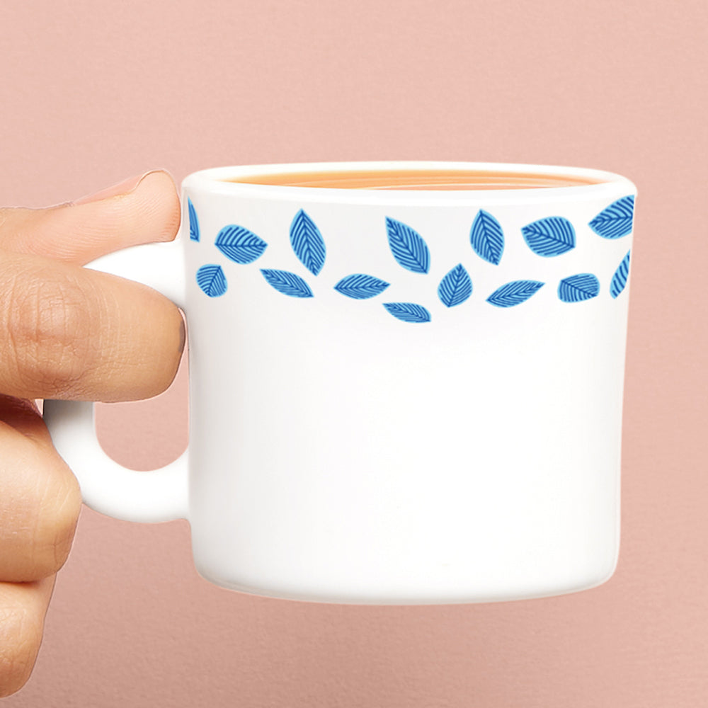 Borosil Larah Blue Leaves Mug, Set of 6, 100ml