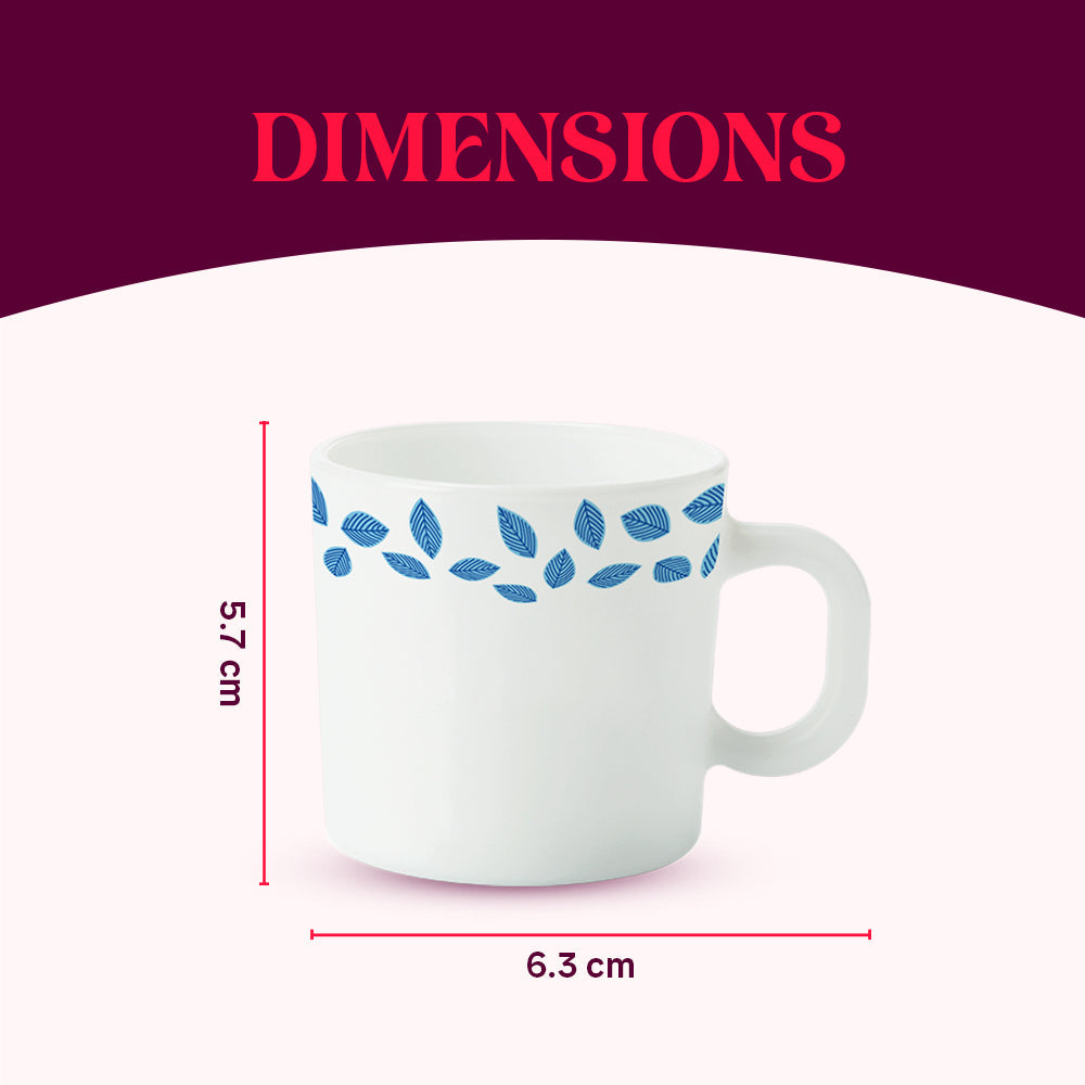 Borosil Larah Blue Leaves Mug, Set of 6, 100ml