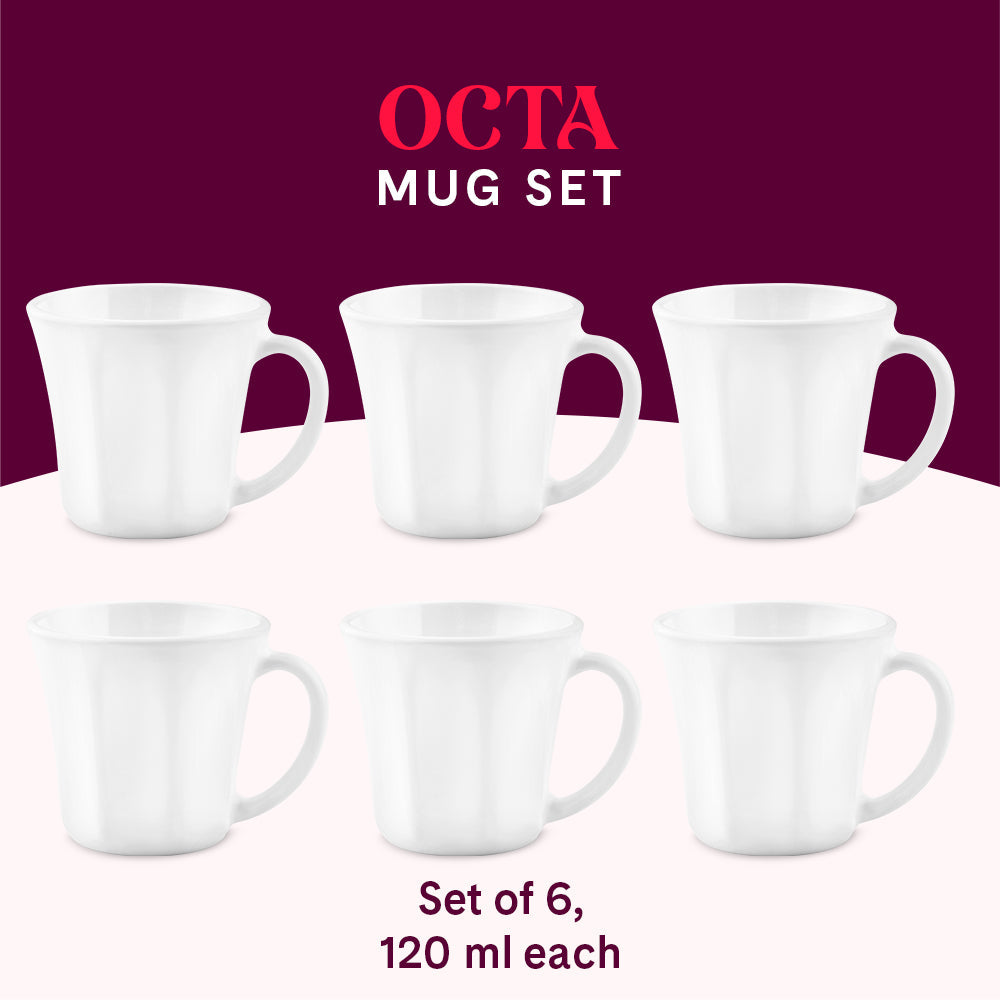 Borosil Larah Octa Mug Set, White