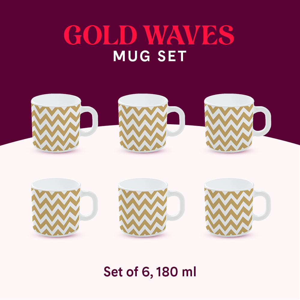 Borosil Larah Gold Waves Mug Set of 6, 180ml