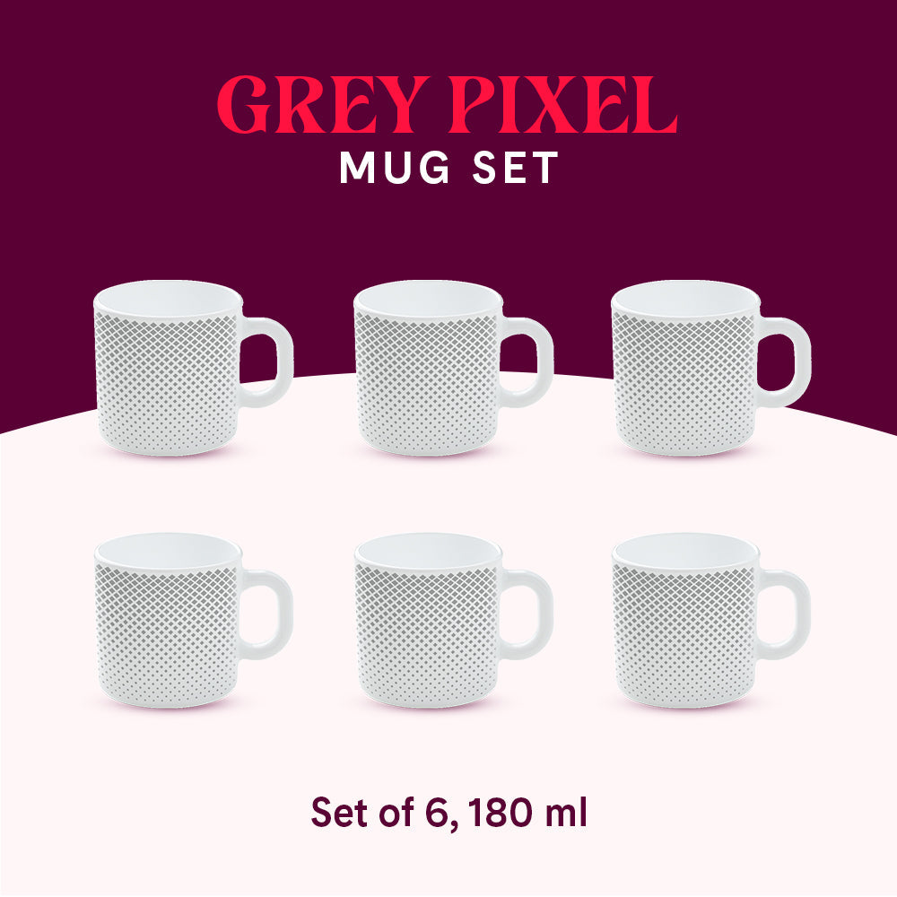 Borosil Larah Grey Pixel Mug Set of 6, 180ml