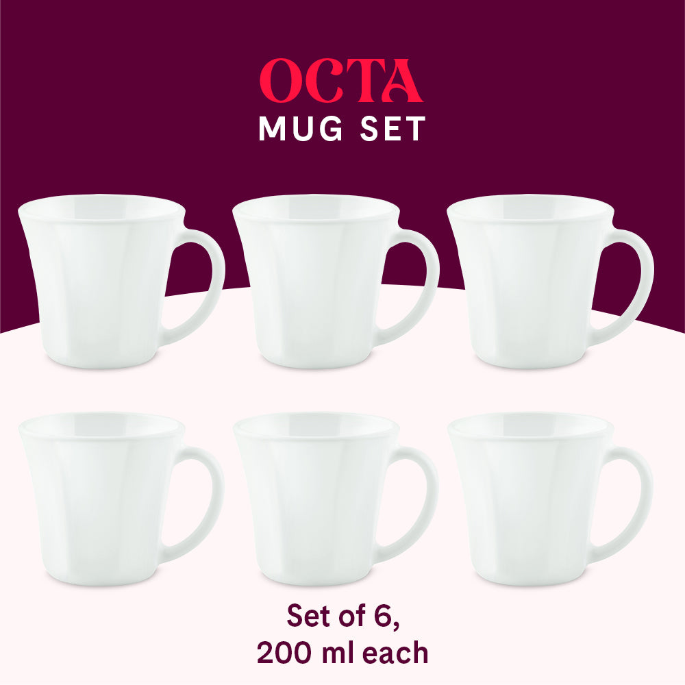 Borosil Larah Octa Mug Set, White