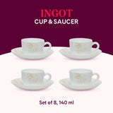 Borosil Larah Ingot Cup n Saucer Set  of 8, 140ml