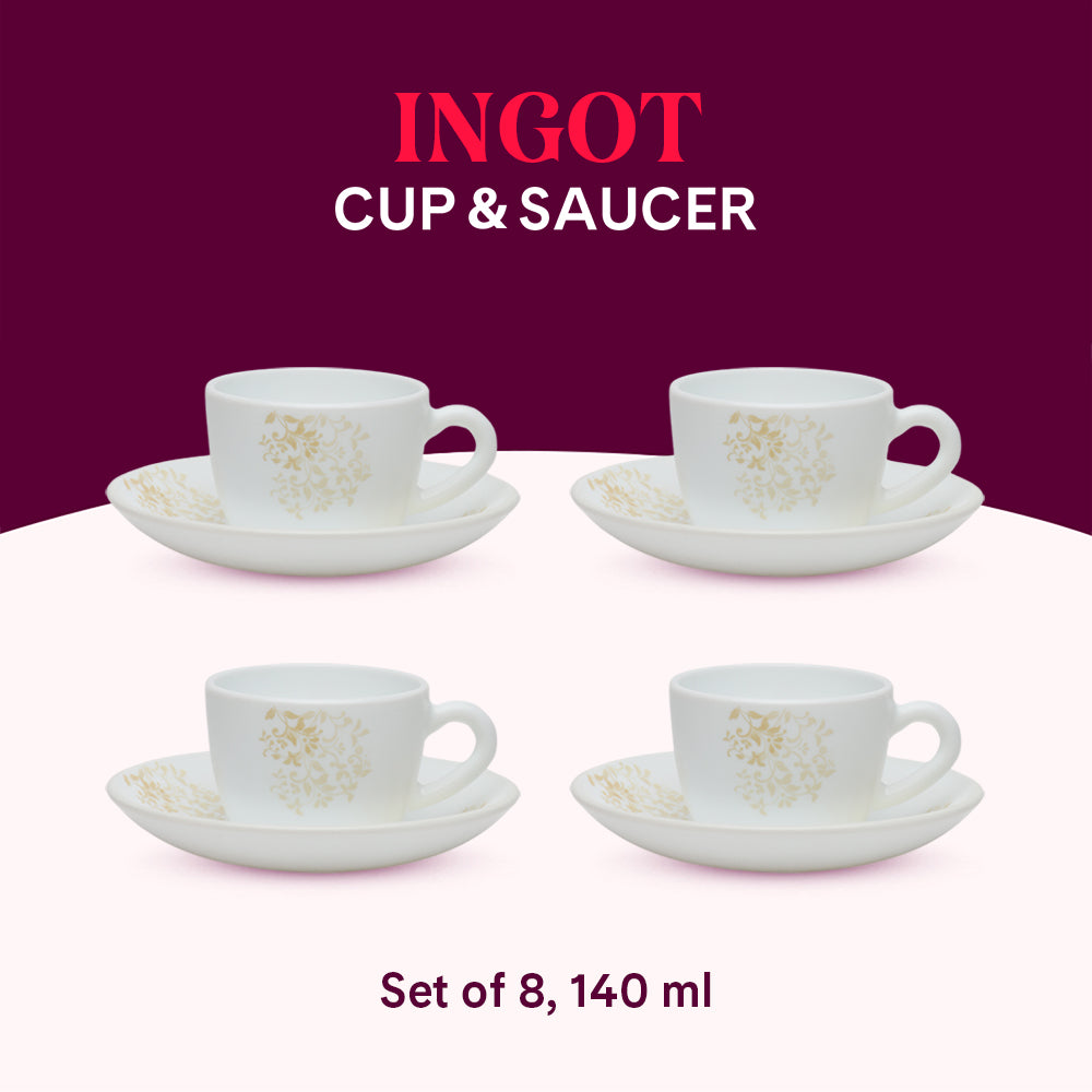Borosil Larah Ingot Cup n Saucer Set  of 8, 140ml