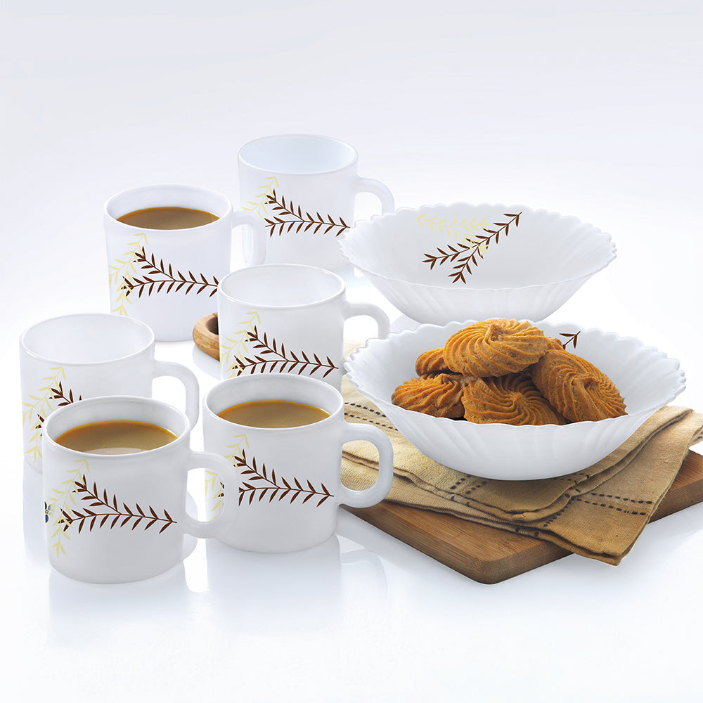 Borosil Larah Oak Snack Set w Mugs 8 pc Set