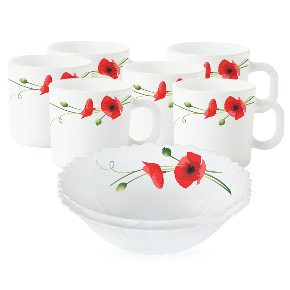 Borosil Larah Red Carnation Snack Set w Mugs, 8 pc