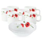 Borosil Larah Red Carnation Snack Set w Mugs, 8 pc