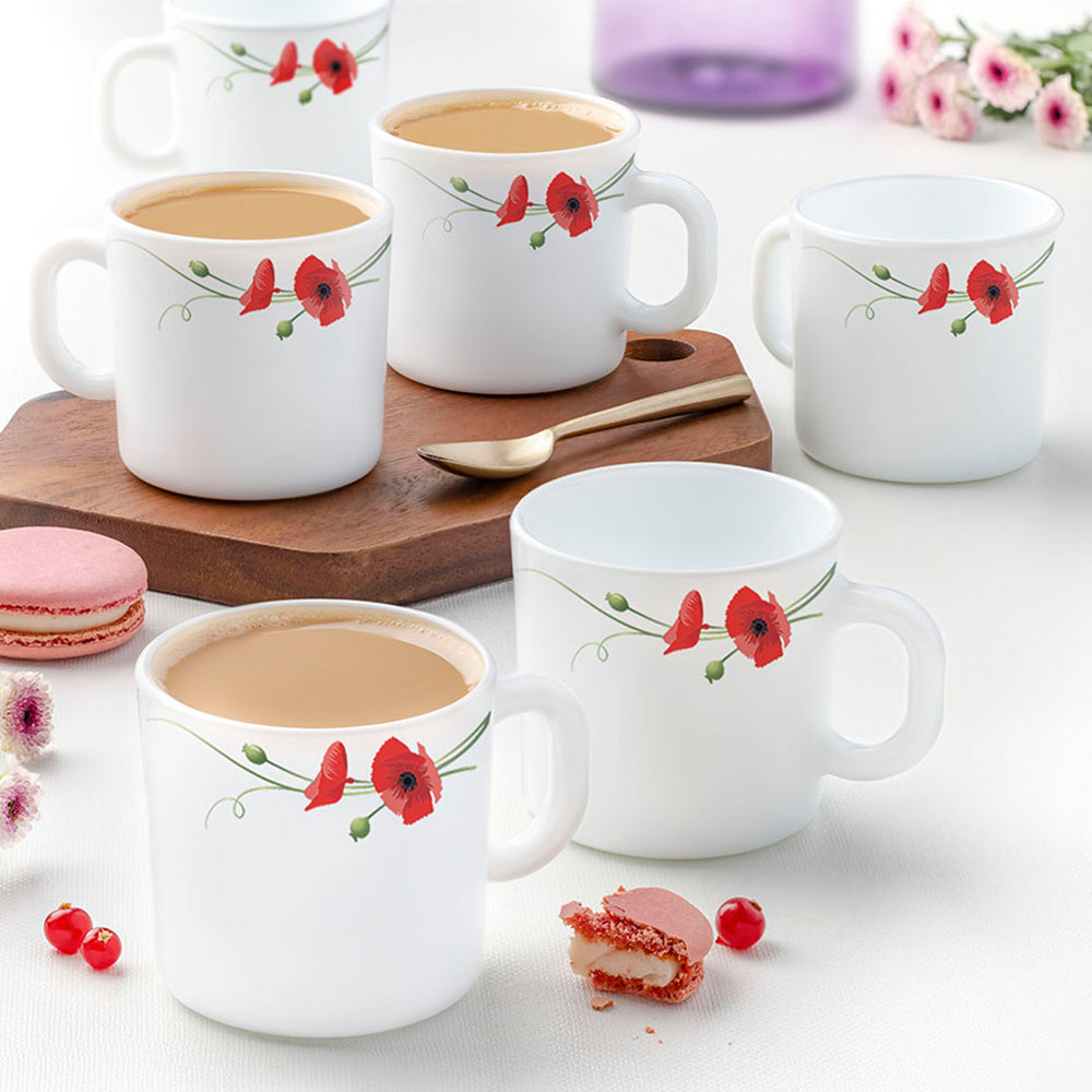 Borosil Larah Red Carnation Snack Set w Mugs, 8 pc