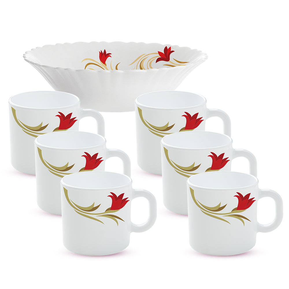 Borosil Larah Red Lily Snack Set w Mugs, 8 pc