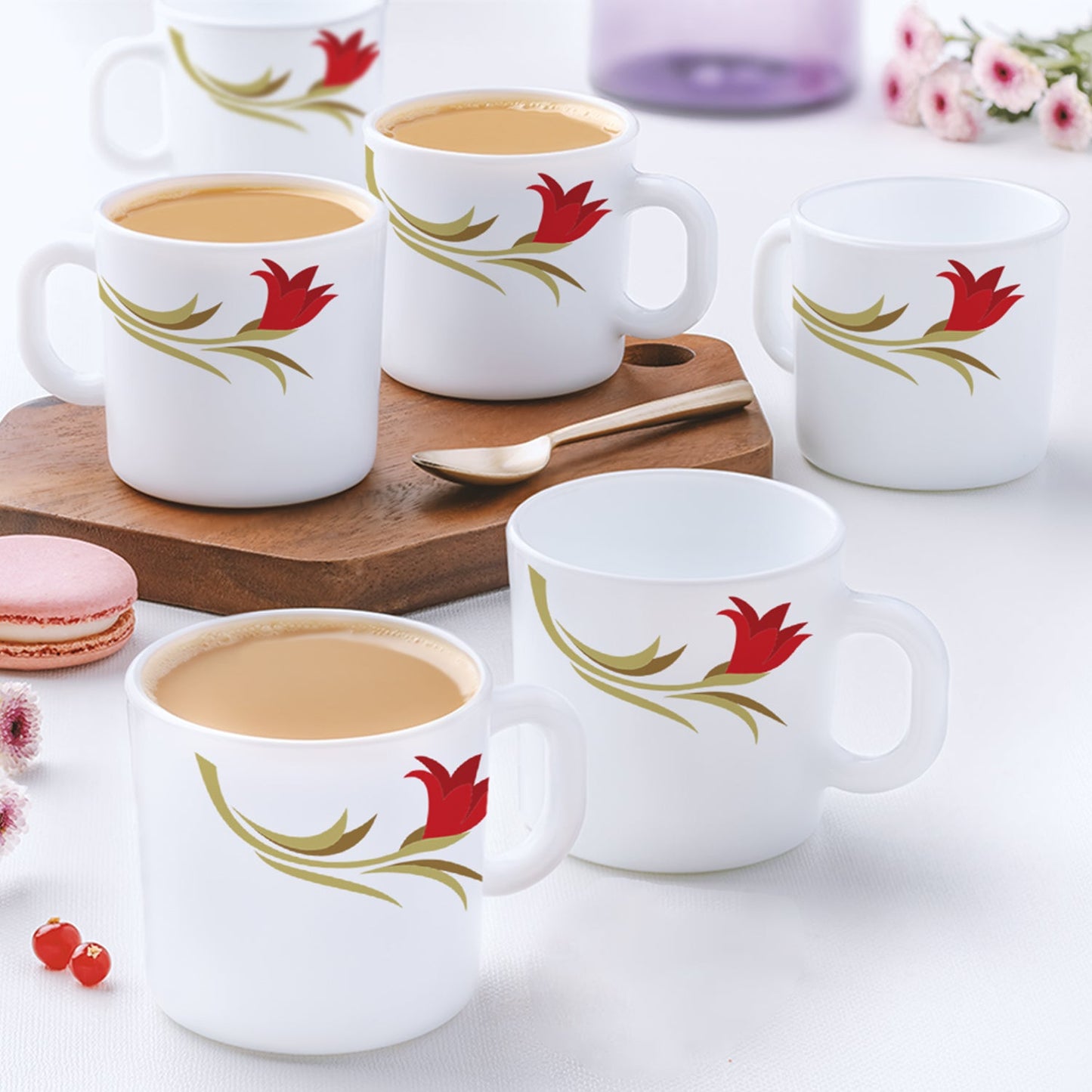 Borosil Larah Red Lily Snack Set w Mugs, 8 pc