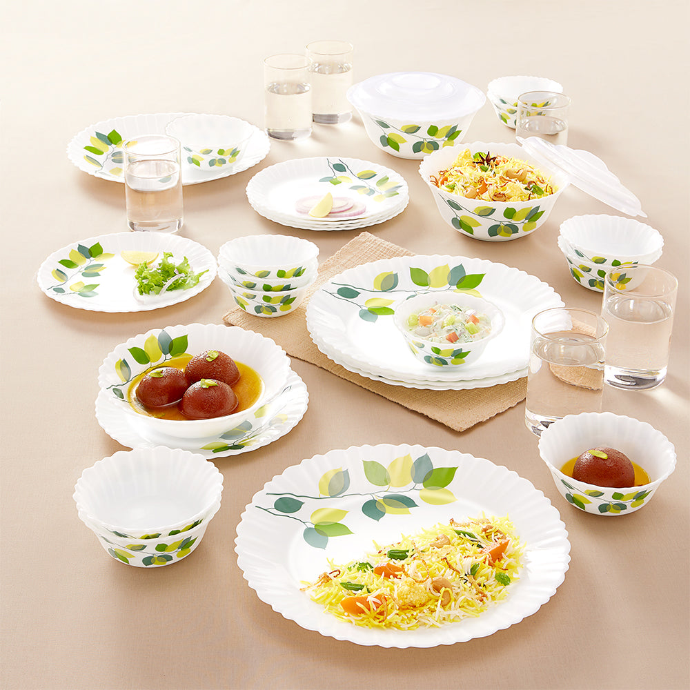 Borosil Larah Green Leaves 35 pc Dinner Set w Vision Glass 35 pc Set