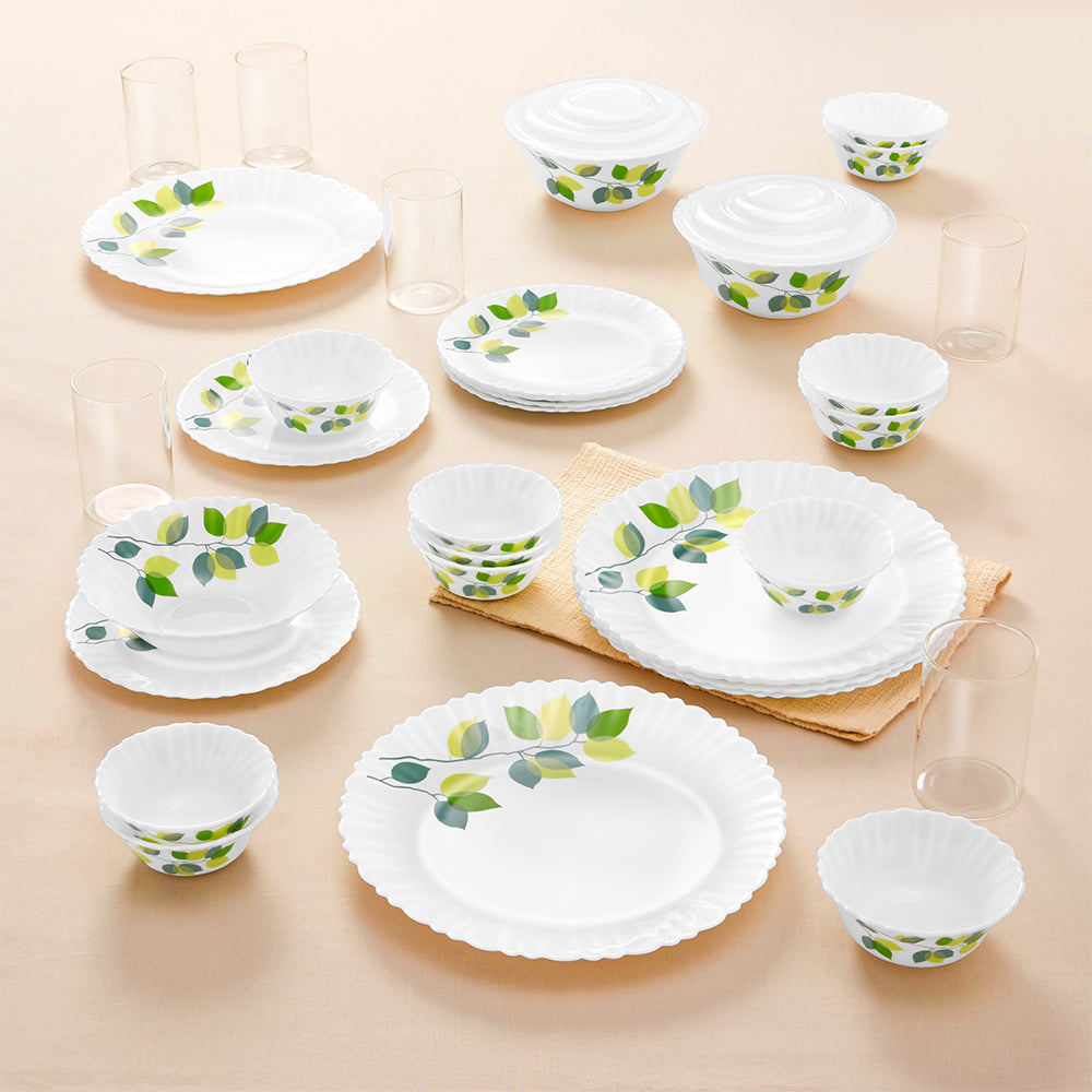 Borosil Larah Green Leaves 35 pc Dinner Set w Vision Glass 35 pc Set