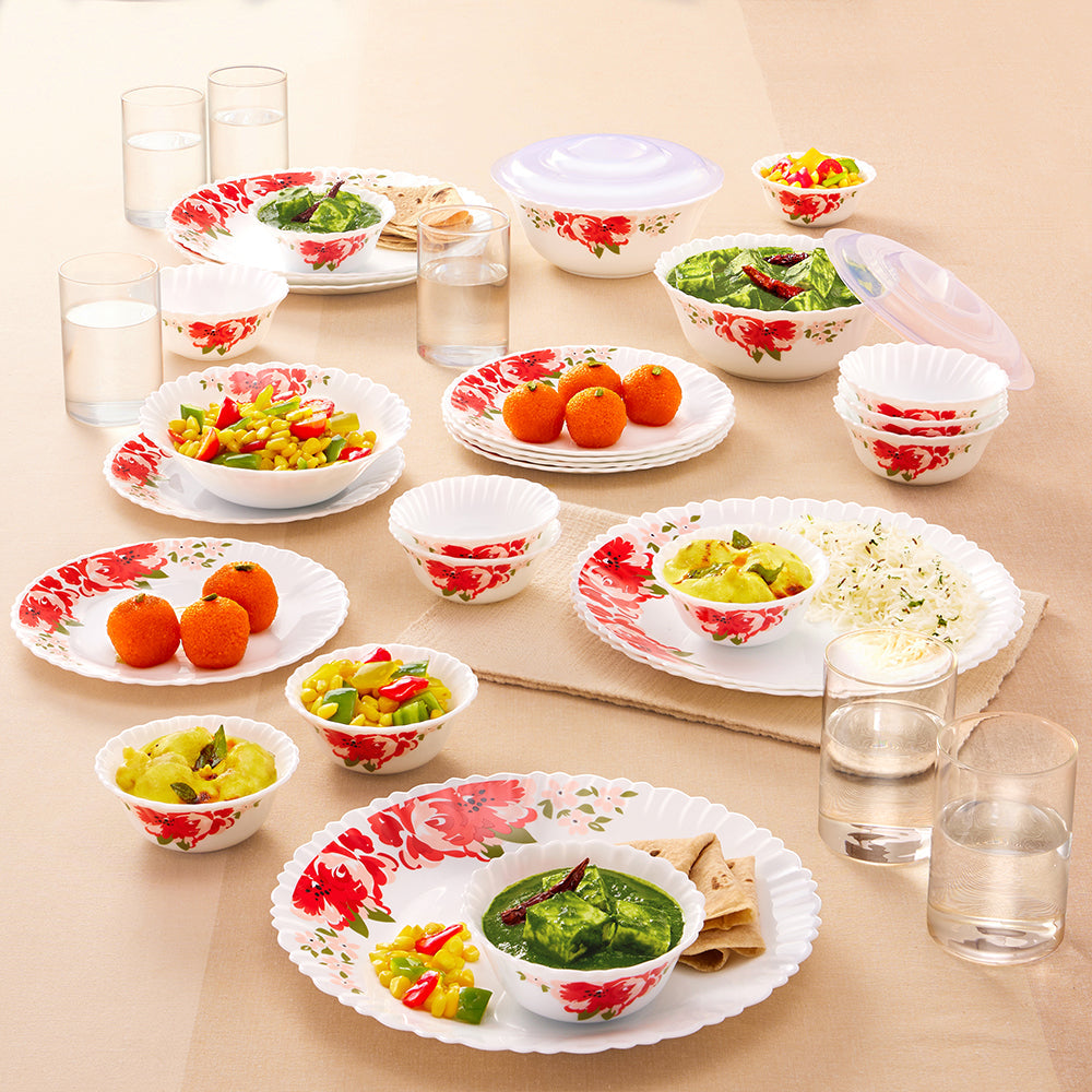 Borosil Larah Rose Red 35 pc Dinner Set w Vision Glass