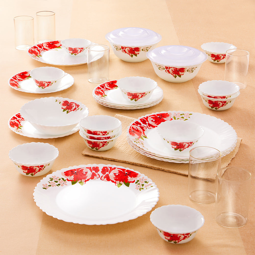 Borosil Larah Rose Red 35 pc Dinner Set w Vision Glass