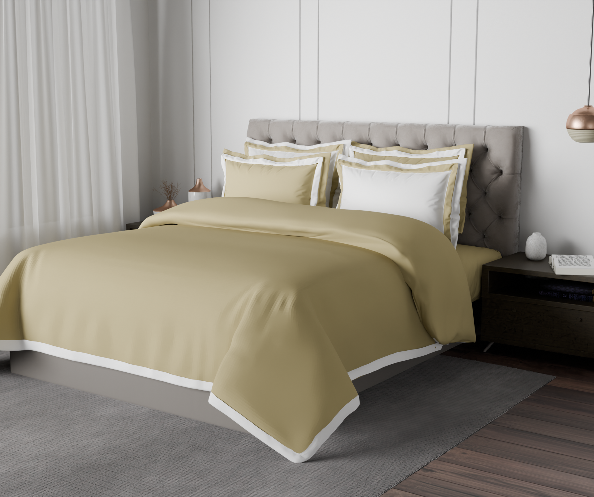 Spaces Solid White/Taupe - White Hygro Cotton King Size Bedsheet - Hygro