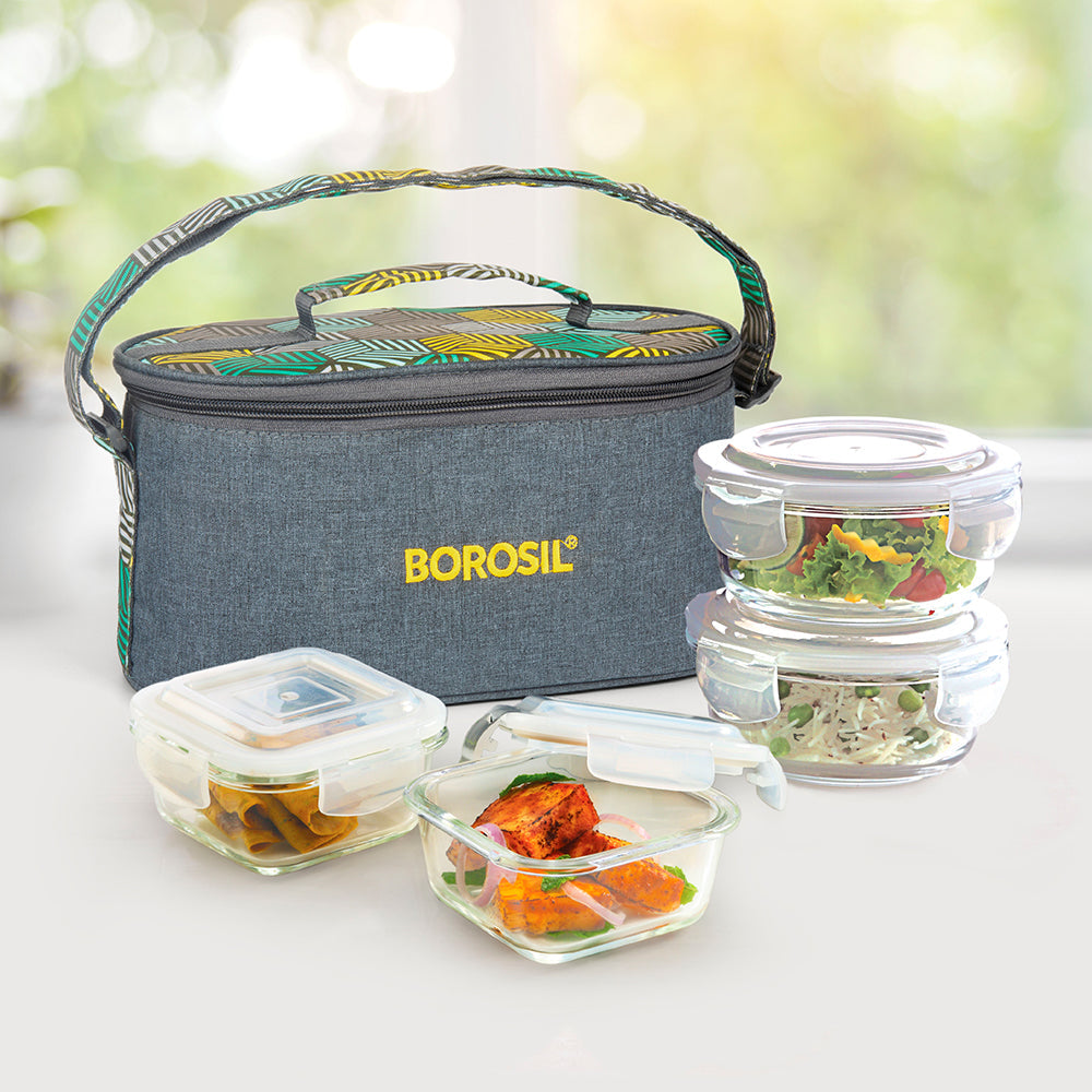 Borosil Foodluck Daisy Universal Glass Lunchbox, Olive Set of 4, 320ml x 2 + 400ml x 2