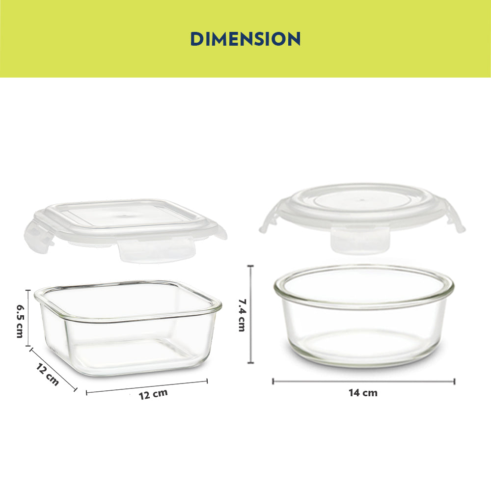 Borosil Foodluck Daisy Universal Glass Lunchbox, Olive Set of 4, 320ml x 2 + 400ml x 2