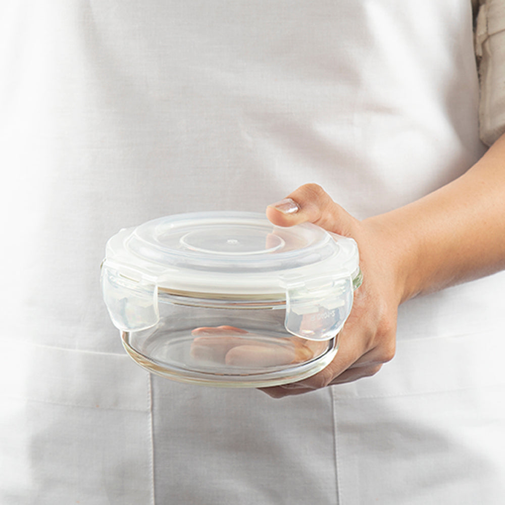 Borosil Foodluck Daisy Universal Glass Lunchbox, Olive Set of 4, 320ml x 2 + 400ml x 2