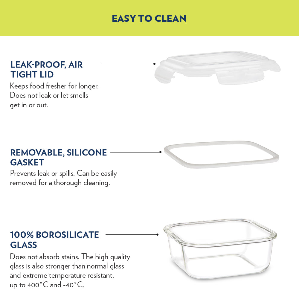 Borosil Foodluck Daisy Universal Glass Lunchbox, Olive Set of 4, 320ml x 2 + 400ml x 2