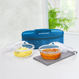 Borosil Teal Round Glass Lunch Box Set of 2, 320ml