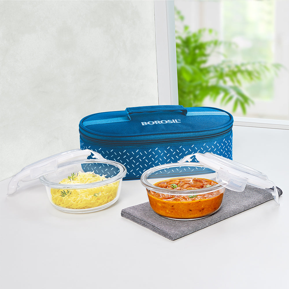 Borosil Teal Round Glass Lunch Box Set of 2, 320ml