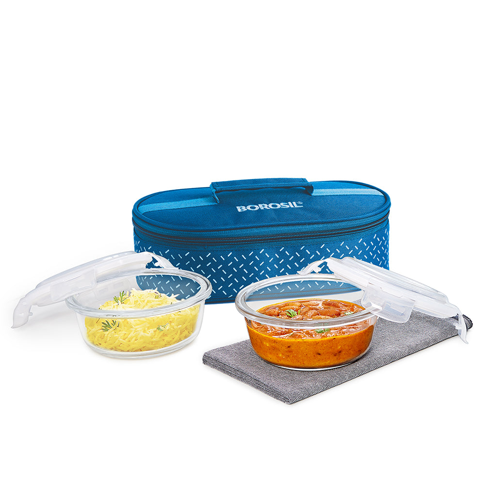 Borosil Teal Round Glass Lunch Box Set of 2, 320ml