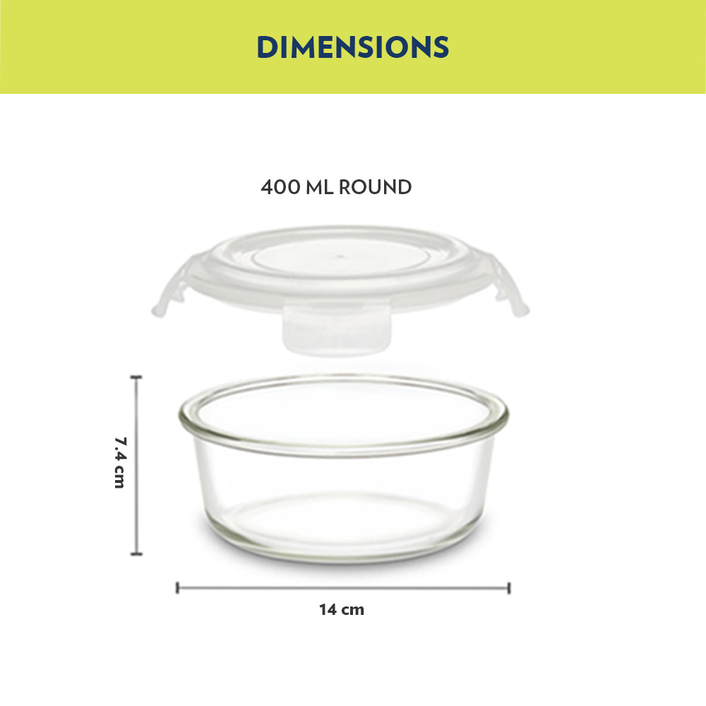 Borosil Teal Round Glass Lunch Box Set of 2, 320ml