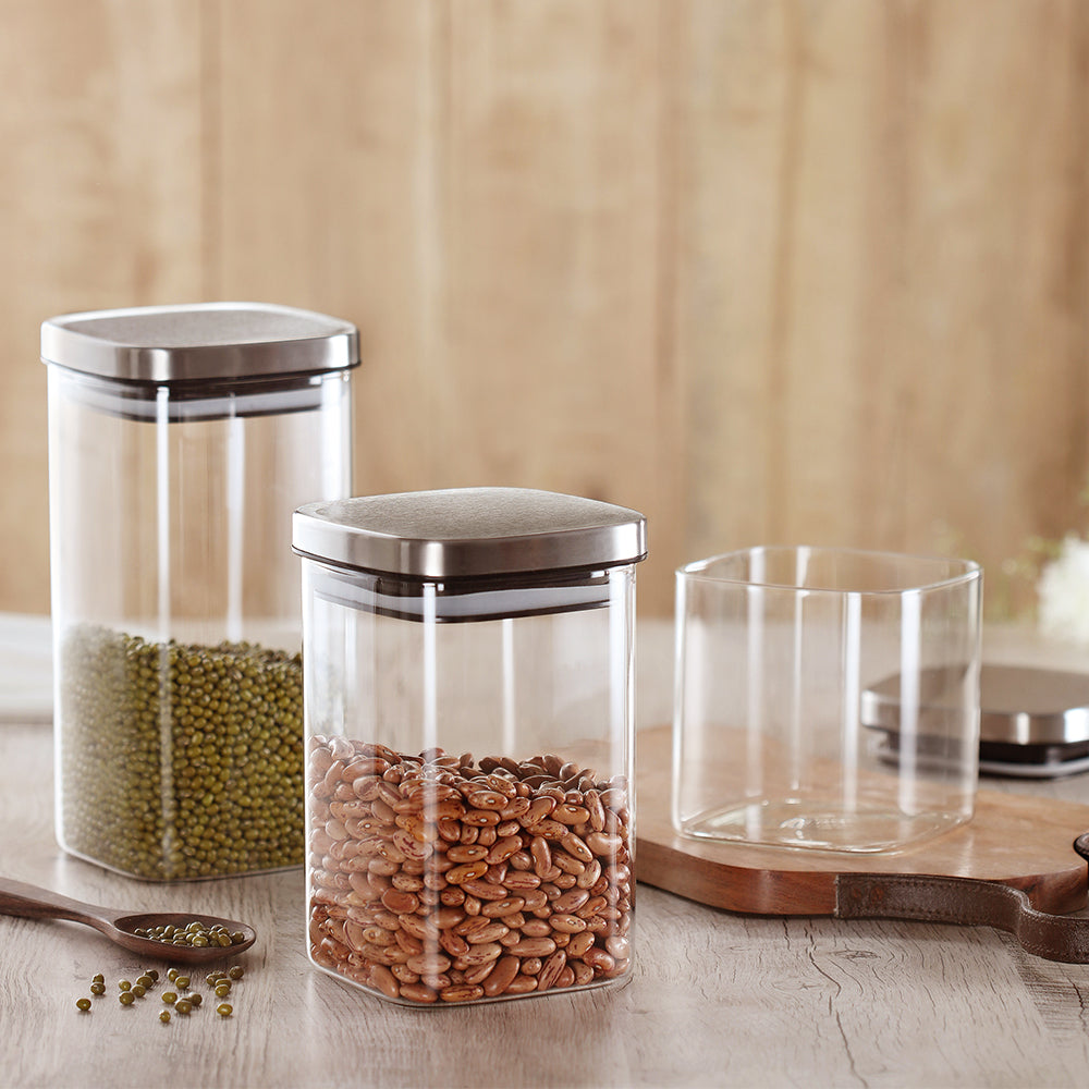 Borosil Classic Square Glass Jar with SS Lid