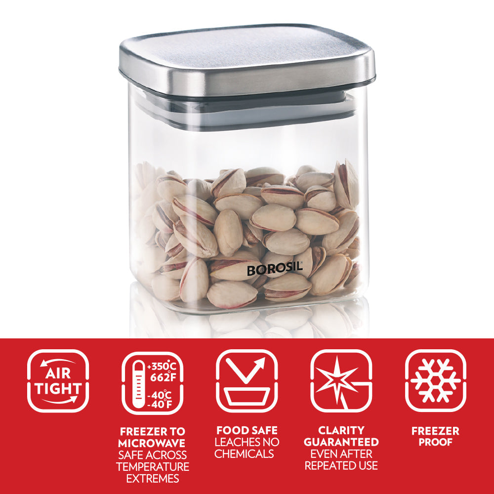 Borosil Classic Square Glass Jar with SS Lid